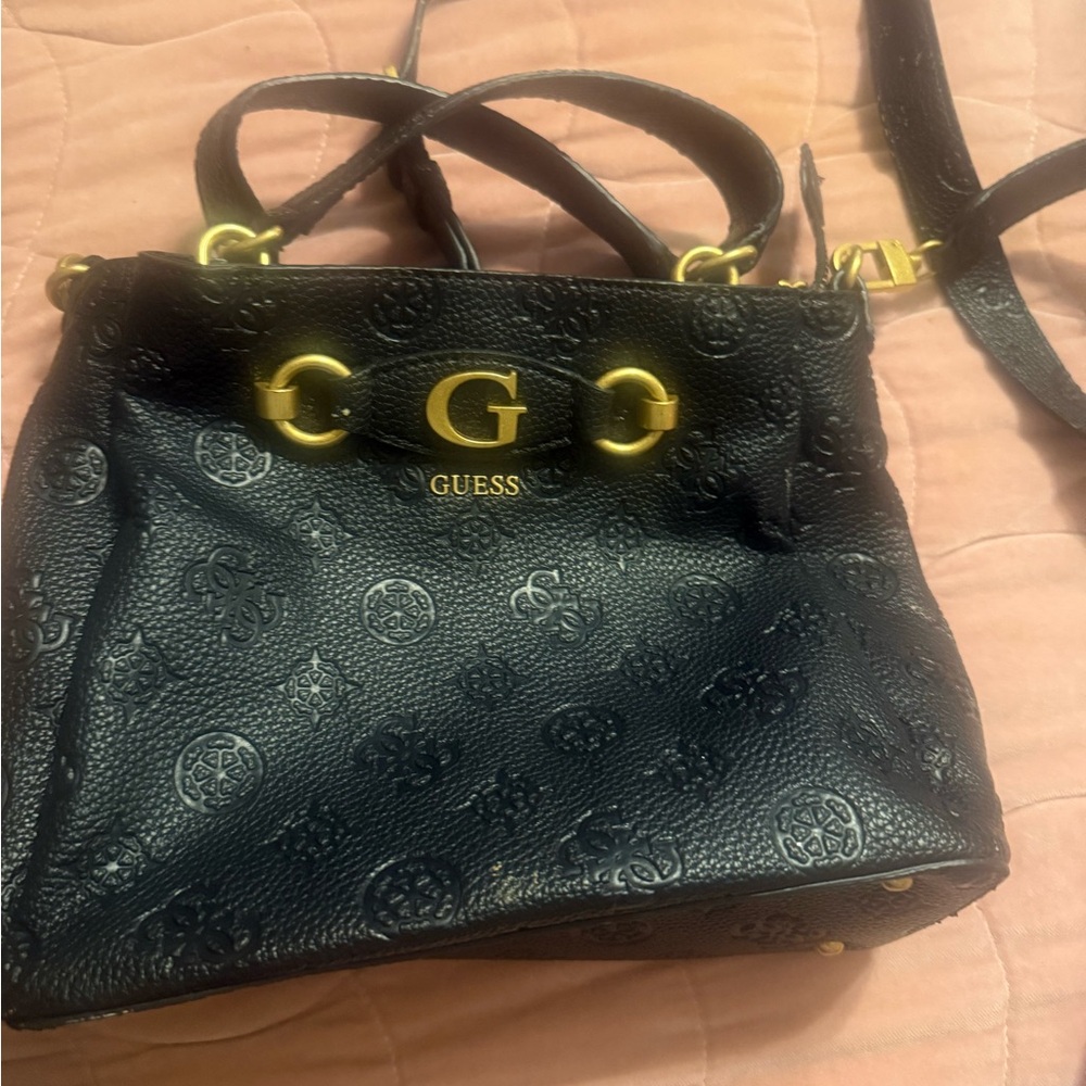 Guess Black Textured Shoulder Bag with Gold Accents
